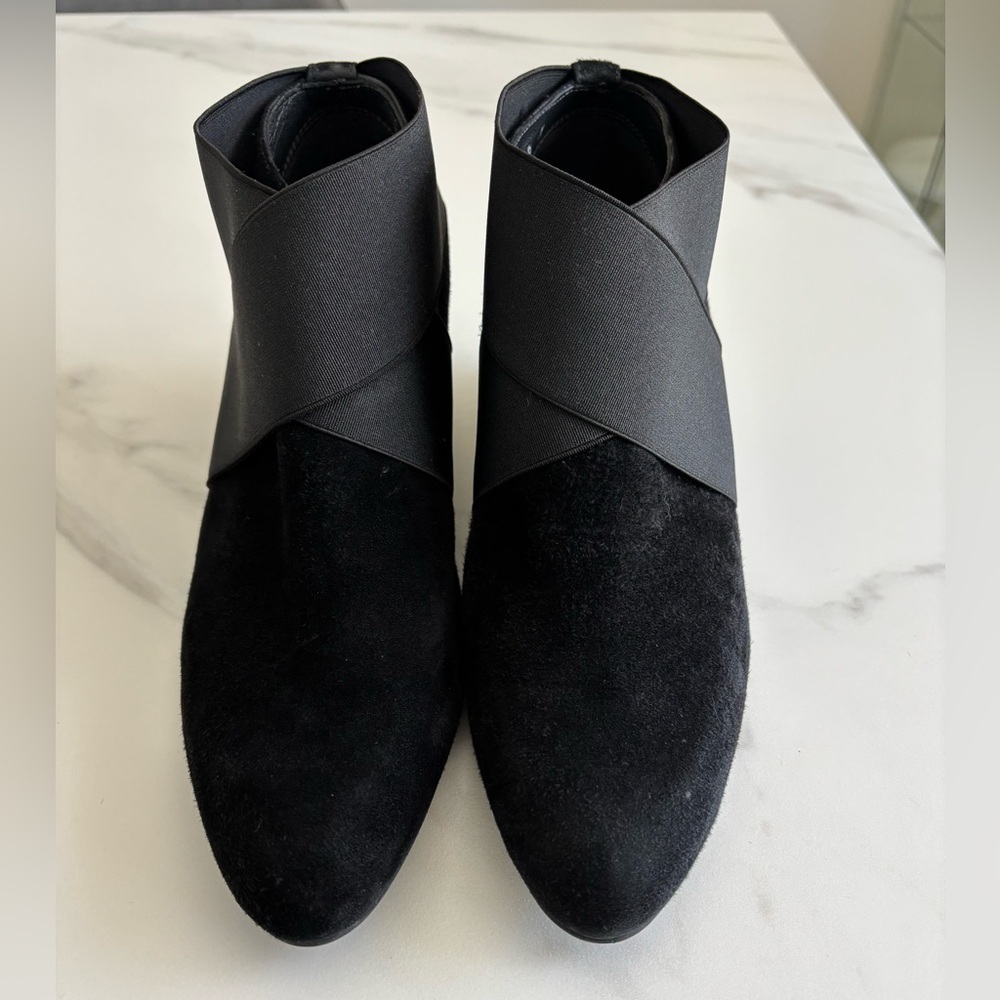 Stuart Weitzman black suede wedge booties with elastic straps size 8 - Picture 3 of 12